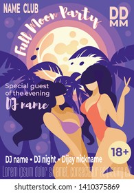 Full Moon Party Vertical Banner, Advertising Poster for Night Club Event for Adults with Couple of Sexy Girls in Bikini Stand on Purple Background with Palm Trees Cartoon Flat Vector Illustration.