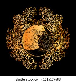 Full moon and peony flower on the background of a floral ornament. Boho Style. Bohemian. Vector illustration in gold.