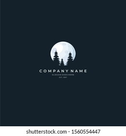 full moon with pine tree logo concept design with minimalist and elegant look, complete with silhouette of the pine tree in front of the full moon