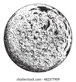 Full Moon Planet With Lunar Craters. Vintage Hand Drawn Vector Illustration