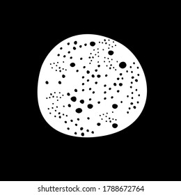 Full moon planet star floating in orbit, space, cosmos. Simple black and white design, monochrome minimal illustration icon. Round shape circle craters black background. Universe solar system theme