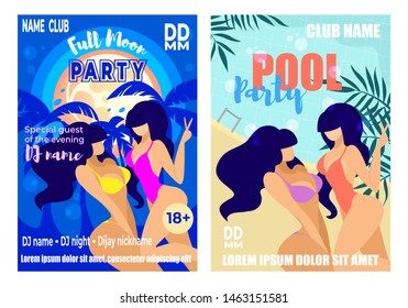 Full Moon and Pool Party Vertical Banners Set, Advertising Poster for Resort or Night Club Event for Adults with Couple of Sexy Girls in Bikini and Palms Background. Cartoon Flat Vector Illustration