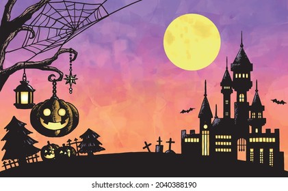 Full moon, pumpkin and castle Halloween illustration