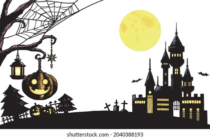 Full moon, pumpkin and castle Halloween illustration without background