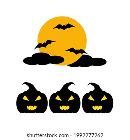 Full moon with pumpkins and bats on white background. (Halloween concept, trick or treat, October)