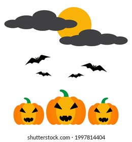 Full moon with pumpkins and bats on white background. (Vector illustration of Halloween concept, trick or treat, October)