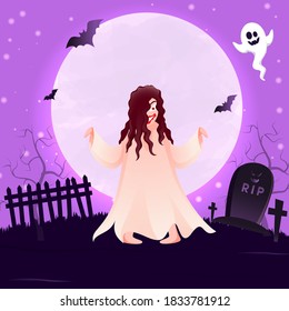 Full Moon Purple Background with Graveyard View, Female Zombie and Cheerful Ghost for Happy Halloween.