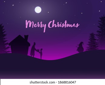 Fondo Púrpura De Luna Llena Con Árboles De Navidad, Casa, Hombre De Nieve Y Papá Noel Dando Regalo A Un Niño Pequeño Por Feliz Navidad.