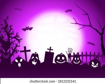 Full Moon Purple Graveyard Background with Jack-O-Lanterns, Flying Bats, Skeleton Hand and Scary Tree.