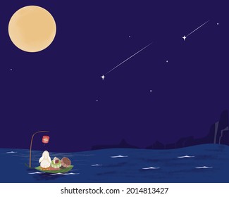 Full moon and rabbit sitting on a sailboat made by leaf carrying mooncake with small lantern light travel during the sea.  Night scene vector illustration. Mid autumn festival. 