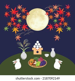 Full moon and rabbit. Moon viewing festival in Japan. vector illustration.