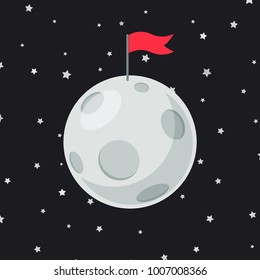 full moon with red flag cartoon on star background vector illustration