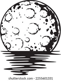 Full Moon Reflecting Over the Sea or Ocean. Black and White Vector Illustration.
