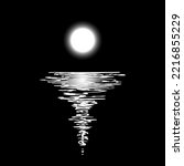 The full moon and its reflection on the water on a black background.