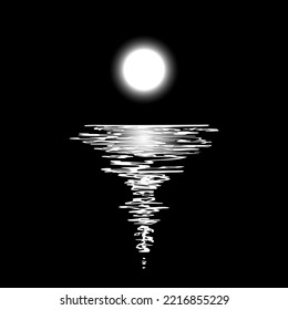 The full moon and its reflection on the water on a black background.