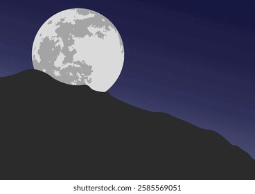 Full Moon Rising Behind Mountain Silhouette Against a Starry Night Sky - Detailed Nocturnal Landscape Illustration