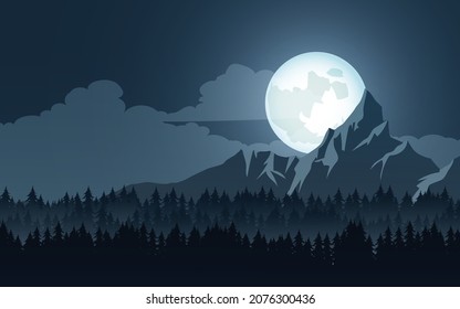 Full moon rising over mountain. Night at mountain peak