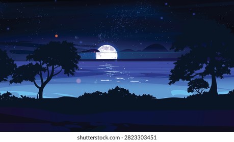 full moon rising over night ocean landscape with starry sky and tree silhouettes