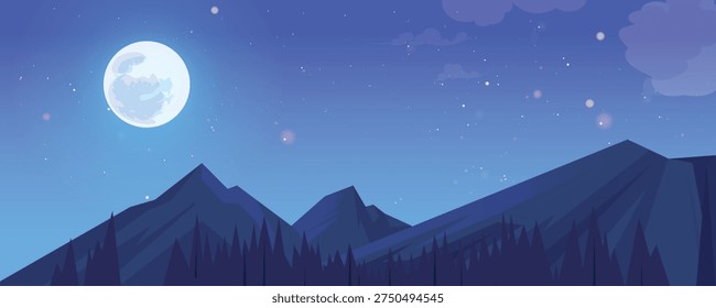  Full Moon Rising Over Silhouette Mountains and Pine Trees Under Starry Night Sky

