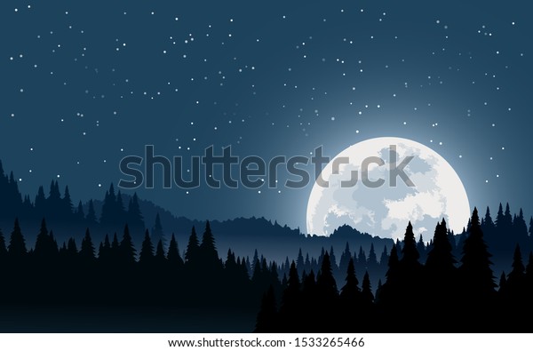full moon rising with\
stars in forest