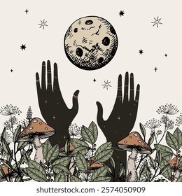 Full Moon Rituals in the forest. Hand drawn vector illustration with magical motive. Mystical doodle with hands, moon, stars, flowers, fly agaric, plants. Lifestyle, customs, yoga, spiritual, nature