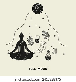 Rituales de Luna Llena dibujados a mano ilustración vectorial mística motivo Doodle fondo meditando mujer, cristal, luna, estrellas, planta mágica de agua de energía. Diseño para el estilo de vida, cambio de la costumbre yoga espiritual