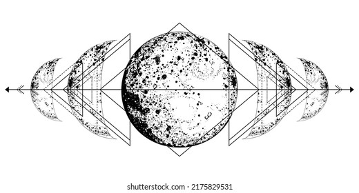 Full moon with sacred geometry. Lunar phases. Celestial vector illustrations on white background. Tatoo. Astrology, alchemy, magic, mystical, boho symbol. Moon pagan. Wicca moon. Triple goddess maiden