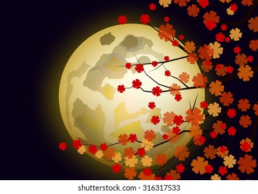 full moon and sakura flower vector