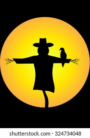 Full moon with a scarecrow with a bird sitting on arm on black background Halloween poster vector pattern may be used in design