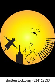 Full moon with a scarecrow, a church cross, a tree and a fence on black background Halloween poster vector pattern may be used in design