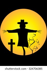 Full moon with a scarecrow, tree and cemetery cross in black Halloween poster vector pattern