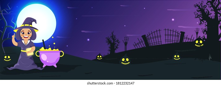 Full Moon Scary Forest Background with Skeleton Hands, Jack-O-Lanterns, Potion Cauldron and Cartoon Witch Girl Character.