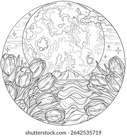 Full moon, sea and tulips in a round frame .Landscape.Coloring book antistress for children and adults. Illustration isolated on white background.Zen-tangle style. Hand draw