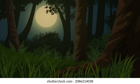 Full moon seen from tree branches in forest