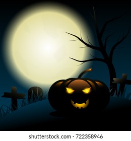 Full Moon shine halloween background glowing light inside pumpkin in the graveyard.    