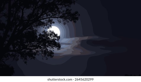 Full Moon Shines Through Wispy Clouds and Tree Silhouette