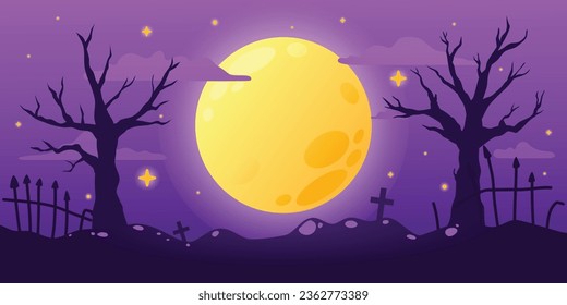 Full Moon Shining Over Haunted Graveyard, Starry Halloween Night Scene, Vector, Illustration