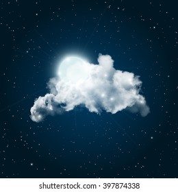 Full moon shining through big realistic transparent cloud. Dark night sky vector illustration.