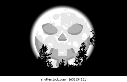 Full moon silhouette with pumpkin face, vector art illustration.