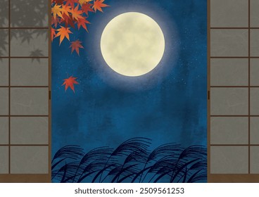 Full moon, silver grass and autumn leaves seen from a Japanese-style room Watercolor painting