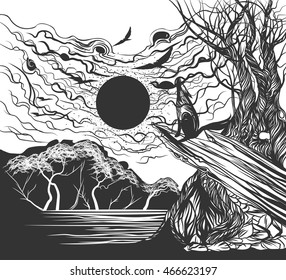 Full moon sketch hand drawing vector on a white background