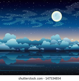 Full moon and smooth sea on a night starry sky with milky way