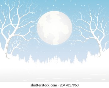 The full moon in the snowing and White tree forest background for winter season and Christmas Festival concept. Hand drawn isolated illustrations.