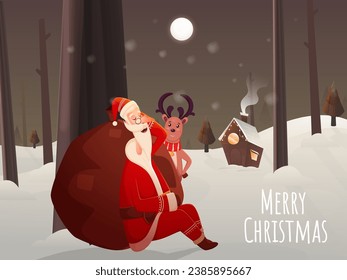 Full Moon Snowy Landscape Background with Chimney House, Sleeping Santa Claus, Heavy Sack and Cartoon Reindeer for Merry Christmas Celebration.