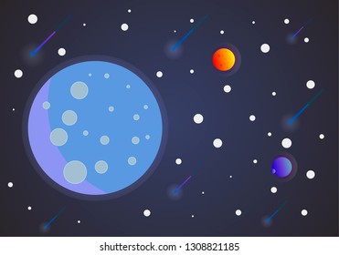 Full moon in space with stars, styling simplify space exploration illustration background.  Planets surface with craters, stars and comets in dark space. Vector illustration. EPS 10