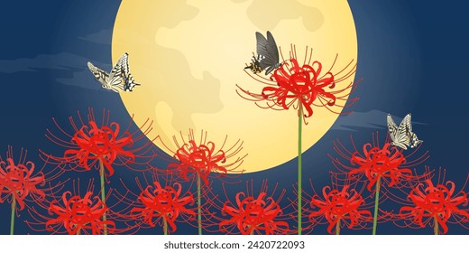 Full moon, spider lily and swallowtail butterfly (2:1) svg