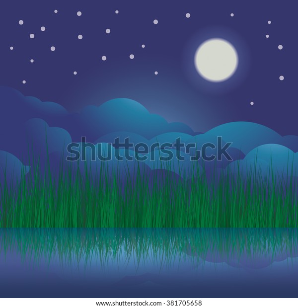 Full moon, star and lake.\
The Night landscape moon sky and riverside.Vector\
illustration