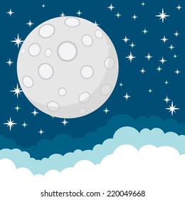 Full Moon in the Starry Cosmic Dark Blue Sky with Space for Text in the Clouds. Vector. Illustration