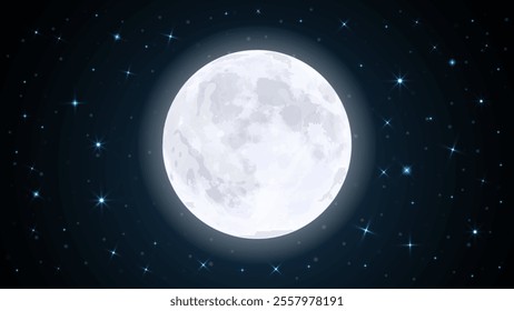 Full moon and starry midnight sky create a stunning realistic vector background. The Glowing moon, surrounded by twinkling stars, is perfect for digital artwork, illustrations, presentations, banners