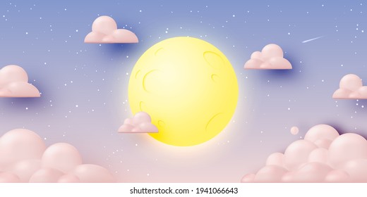 Full moon with starry night background in paper 3d art style and pastel color scheme vector illustration